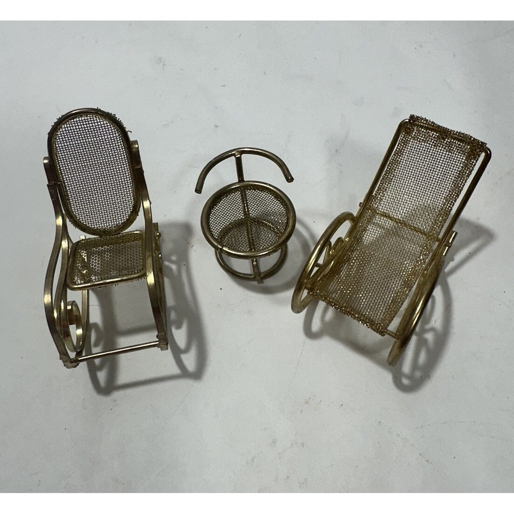 3 Lot Vintage Brass Doll House Rocking Chairs MCM Mesh Gold 70s Furniture
